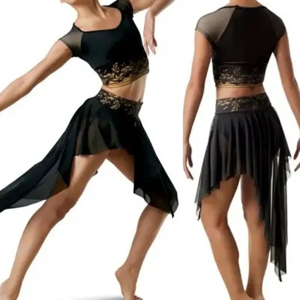 WEISSMAN Elite Dance Costume black 2 piece Floral Hem Top Skirt Set MT10956 XSA
